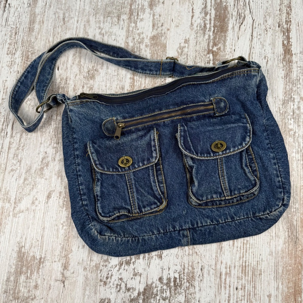 Vintage Denim Crossbody Bag Blue Jean Messenger Cargo Pockets Y2K Medium Wash